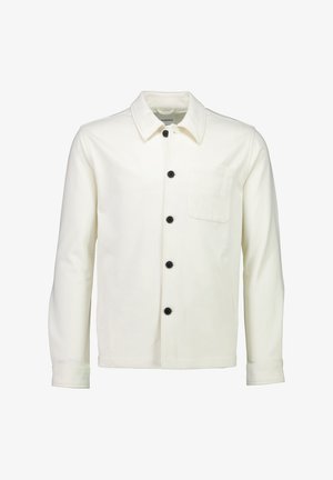 Crème-kleurige jacket gemaakt van soepel stof, met een kraag, een sluiting aan de voorkant met zes zwarte knopen, en een borstzak.