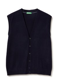 Chaleco sin mangas de un oscuro color navy, diseño con cuello en V, presenta un cierre frontal con seis botones, fabricado en un material de punto suave, con una textura lisa.