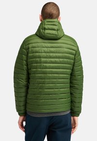 Groene pufferjack met horizontale gestikte textuur, afneembare capuchon, elastische manchetten en een strak onderrand. Glad, lichtgewicht materiaal.