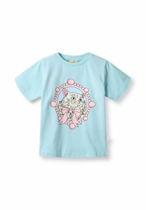 Lyseblå T-shirt med korte ærmer og et motiv af en hvid kat indrammet af rosa perler og en rosa sløjfe på fronten.