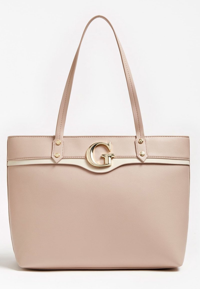 Sac fourre-tout synthétique beige avec quincaillerie dorée, arborant un logo 'G' bien visible et une texture lisse, complété par deux anses.