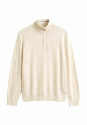 Cream-colored long-sleeve sweater with a stand-up collar and a short front zipper, displayed against a white background.