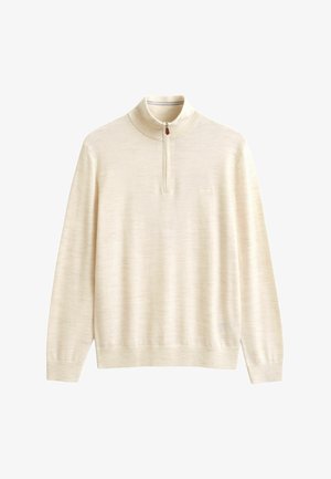 Cream-colored long-sleeve sweater with a stand-up collar and a short front zipper, displayed against a white background.