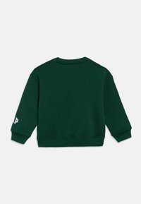 Σκούρο πράσινο φούτερ με μακρύ μανίκι, ριμπ μανσέτες και τελείωμα, με άσπρα γράμματα που φαίνονται μερικώς στο αριστερό μανίκι.