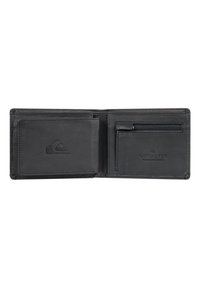 Black leather wallet featuring a textured finish, multiple card slots, a zippered coin pocket, and embossed logo details. Compact design.
