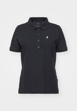 Zwarte polo shirt van katoen met een klassieke kraag, een drie-knopen sluiting, korte mouwen en een klein wit logo op de borst.