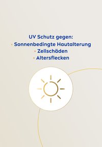 White circular graphic with a gold sun icon and rays. Text in blue highlighting UV protection against skin aging, cell damage, and age spots.