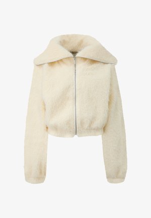 Gekürzte Jacke aus cremefarbenem Kunstfell mit weitem Kragen, Reißverschluss vorne und langen Ärmeln. Weiche Textur ohne sichtbare Muster oder Akzente.