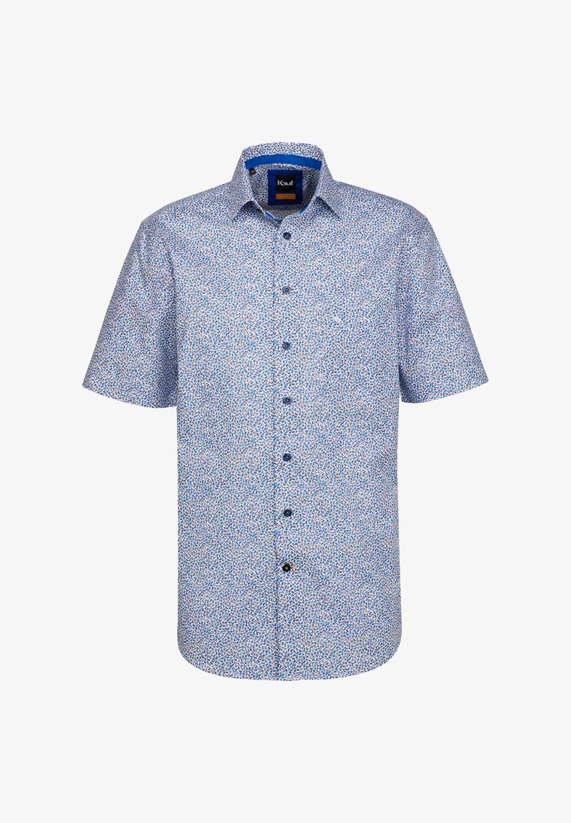 Kurzärmliges Hemd in Himmelblau mit floralem Muster. Das Material ist leicht und besteht aus dünnem Stoff, mit dunklen Knöpfen und einem markierten Kragen.