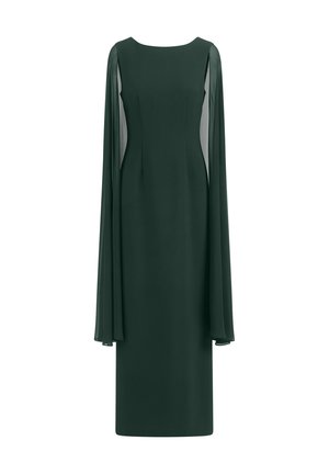 Robe vert foncé longueur genou avec manches longues transparentes et fluides et corsage ajusté sur fond blanc.