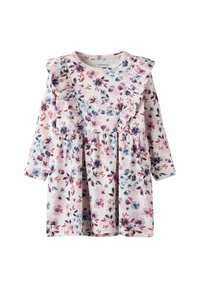Abito floreale in tessuto rosa chiaro con maniche lunghe, spalle arricciate e vita arricciata, decorato con fiori viola e blu.
