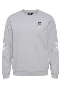 Felpa grigia chiara a maniche lunghe con polsini e orlo a costine, caratterizzata da un piccolo logo a zig zag nero, bianco e beige sul petto e zig zag bianchi sulle maniche.