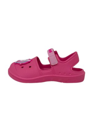 Sandalo rosa per bambini con punta aperta, cinturino regolabile e decorazione a cartone animato sulla parte anteriore.