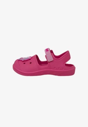 Sandalo rosa per bambini con punta aperta, cinturino regolabile e decorazione a cartone animato sulla parte anteriore.