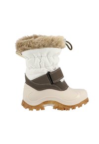 Weiße und braune Winterstiefel mit einem Kunstpelzsaum, Klettverschluss, Gummisohle und strukturiertem braunem Profil für besseren Halt.