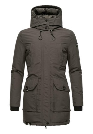 Gray insulated parka with a high collar, two large front pockets, adjustable drawstrings, and ribbed cuffs; smooth fabric with a matte finish.