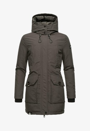 Sivá izolačná parková bunda s vysokým golierom, dvoma veľkými prednými vreckami, nastaviteľnými šnúrkami a rebrovanými manžetami; hladká tkanina s matným povrchom.