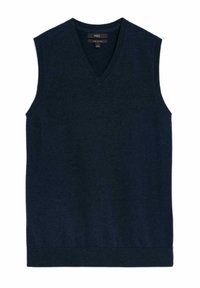 Maglione senza maniche di colore blu navy realizzato in cotone, con scollatura a V e orlo a coste. Tessuto morbido con finitura liscia.