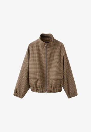 Braune karierte Jacke mit Reißverschluss, Stehkragen, elastischen Bündchen und Saum sowie zwei vorderen Klappentaschen.