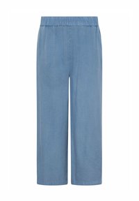 Lichtblauwe, cropped broek van zachte stof met een elastische tailleband. Heeft een recht pijpontwerp en geen zichtbare sluitingen.