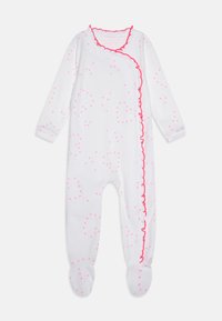 Body bianco a coste con motivo a cuori rosa, scollatura e orli ondulati. Presenta maniche lunghe, design con piedi e chiusura a scatto.