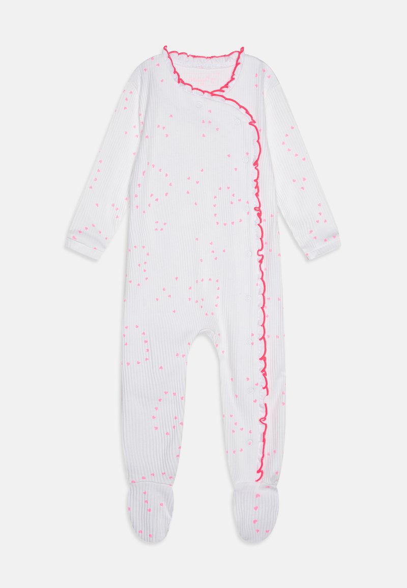 Body bianco a coste con motivo a cuori rosa, scollatura e orli ondulati. Presenta maniche lunghe, design con piedi e chiusura a scatto.