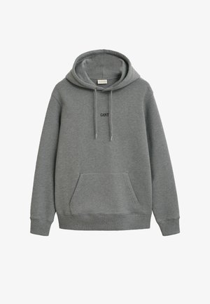 Grauer Kapuzenpullover aus weichem Stoff, mit Kängurutasche, Zugbandkapuze und einem kleinen Drucklogo auf der Brust.