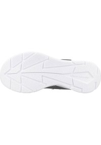 Fehér gumi felülettel rendelkező cipőtalp, geometrikus mintázattal a tapadás érdekében, az oldalán pedig a "Skechers" márkajelzés látható.