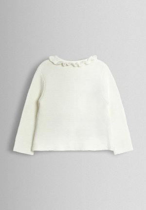 Baltas megztinis iš mezgimo siūlų, turintis rauktą kaklo iškirptę ir ilgus rankoves, su tekstūruotu raštu visame paviršiuje, sukurtas patogumui. Paprastas nugaros vaizdas.