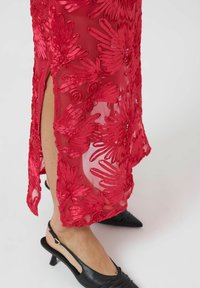 Rød gennemsigtig kjole med indviklet blomsterbroderi og en sideslids, kombineret med sorte spidse hæle. Tekstureret og lagdelt design.