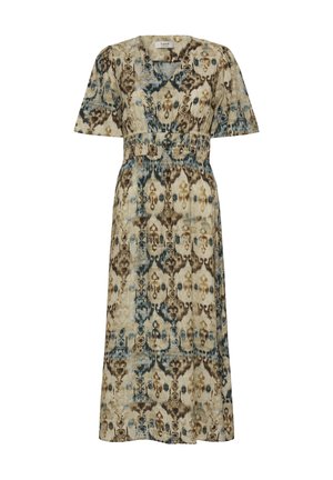 Midi-kjole med korte ærmer, V-hals og rynket talje, med et abstrakt blomstermønster i beige, blå og brun.