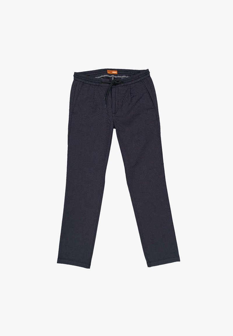 Dunkelblaue Hose aus strukturiertem Stoff, mit einem elastischen Bund und Kordelzug sowie zwei Seitentaschen.