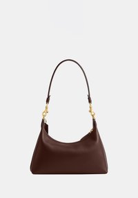 Brown leather shoulder bag with gold hardware and a single strap against a plain light background.