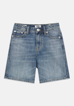 Blå denimshorts med frontknapp og glidelås, fem-lommers design, beltehemper og subtilt falmet vask.