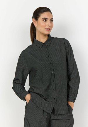Black striped button-up shirt with a collar, long sleeves, and a relaxed fit. Features a fine pattern with subtle color accents.