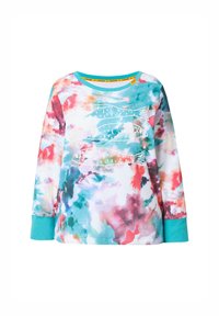 Langarmshirt mit einem bunten abstrakten Druck in Blau-, Rosa- und Weißtönen, mit einem türkisfarbenen Rundhalsausschnitt und Fischgrafikdetails.