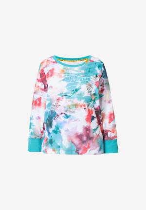 Langarmshirt mit einem bunten abstrakten Druck in Blau-, Rosa- und Weißtönen, mit einem türkisfarbenen Rundhalsausschnitt und Fischgrafikdetails.