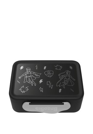 Black rectangular lunchbox featuring white superhero illustrations, lightning motifs, and a gray ergonomic latch. Made of durable plastic.