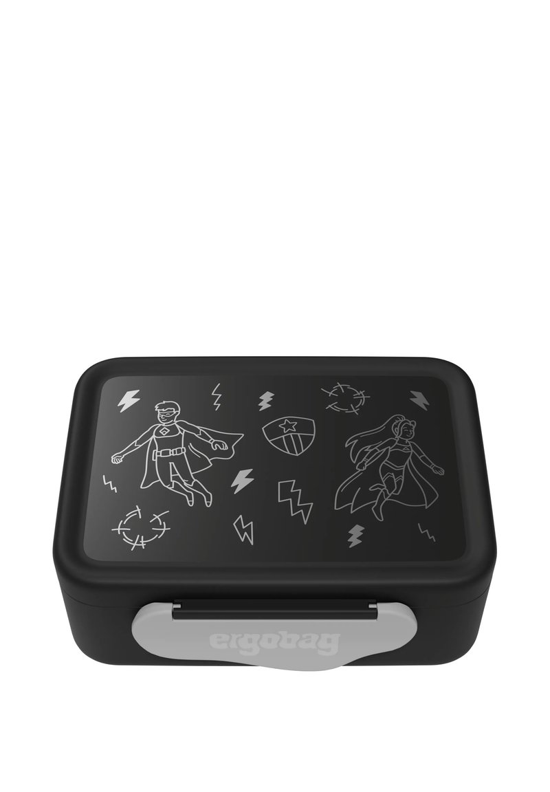 Schwarze rechteckige Lunchbox mit weißen Superhelden-Illustrationen, Blitzmotiven und einem grauen ergonomischen Verschluss. Hergestellt aus strapazierfähigem Kunststoff.