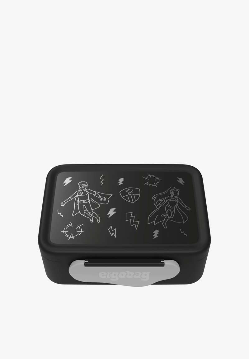 Schwarze rechteckige Lunchbox mit weißen Superhelden-Illustrationen, Blitzmotiven und einem grauen ergonomischen Verschluss. Hergestellt aus strapazierfähigem Kunststoff.