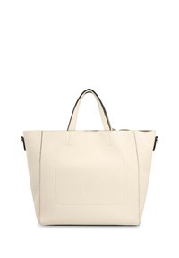 Witte leren tote bag met een gestructureerd oppervlak, dubbele handvatten en contrasterende donkere accenten. Heeft een voorste insteekvak.