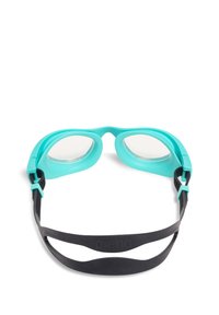 Tyrkysové plavecké brýle s čirými skly, flexibilním silikonovým rámem a černým nastavitelným páskem pro bezpečné usazení.