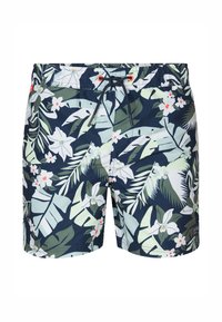 Pantaloni da nuoto con sfondo blu navy e motivi floreali e di fogliame tropicale verdi e bianchi. Include una vita elastica con cordino.