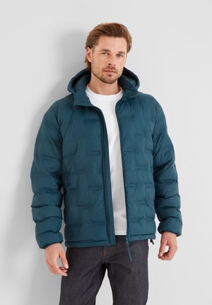 Teal puffer jacket with a zip front closure and a hood. Features a quilted design and elastic cuffs, paired with a white t-shirt underneath.