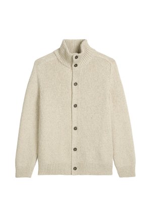 Beige gebreide cardigan met hoge kraag, voorzien van zes donkere knopen, geribbelde manchetten en een textuurafwerking. Eenvoudig, recht gesneden ontwerp.