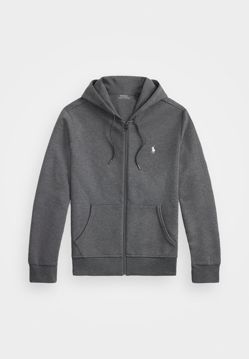 Grijze hoodie met ritssluiting en capuchon, inclusief kangoeroezakken en een klein geborduurd logo op de borst. Gemaakt van een zachte, gestructureerde stof.