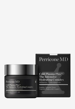 Pot de crème hydratante Perricone MD Cold Plasma Plus+ Intensive Hydrating Complex avec couvercle argenté, à côté d'une boîte noire assortie.