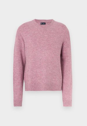 Pink knit sweater with a crew neckline, long sleeves, and ribbed cuffs. Soft texture and relaxed fit, suitable for casual wear.