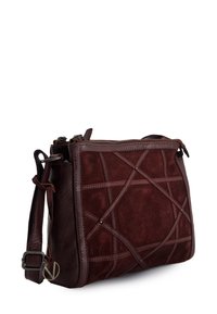 Brown suede handbag featuring a geometric pattern with leather accents, adjustable shoulder strap, and top zipper closure.
