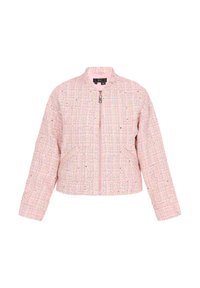 Lyserød tweed bomberjakke med en cropped design, lynlås foran og sidelommer. Har en struktureret vævning og svage flerfarvede spidser.